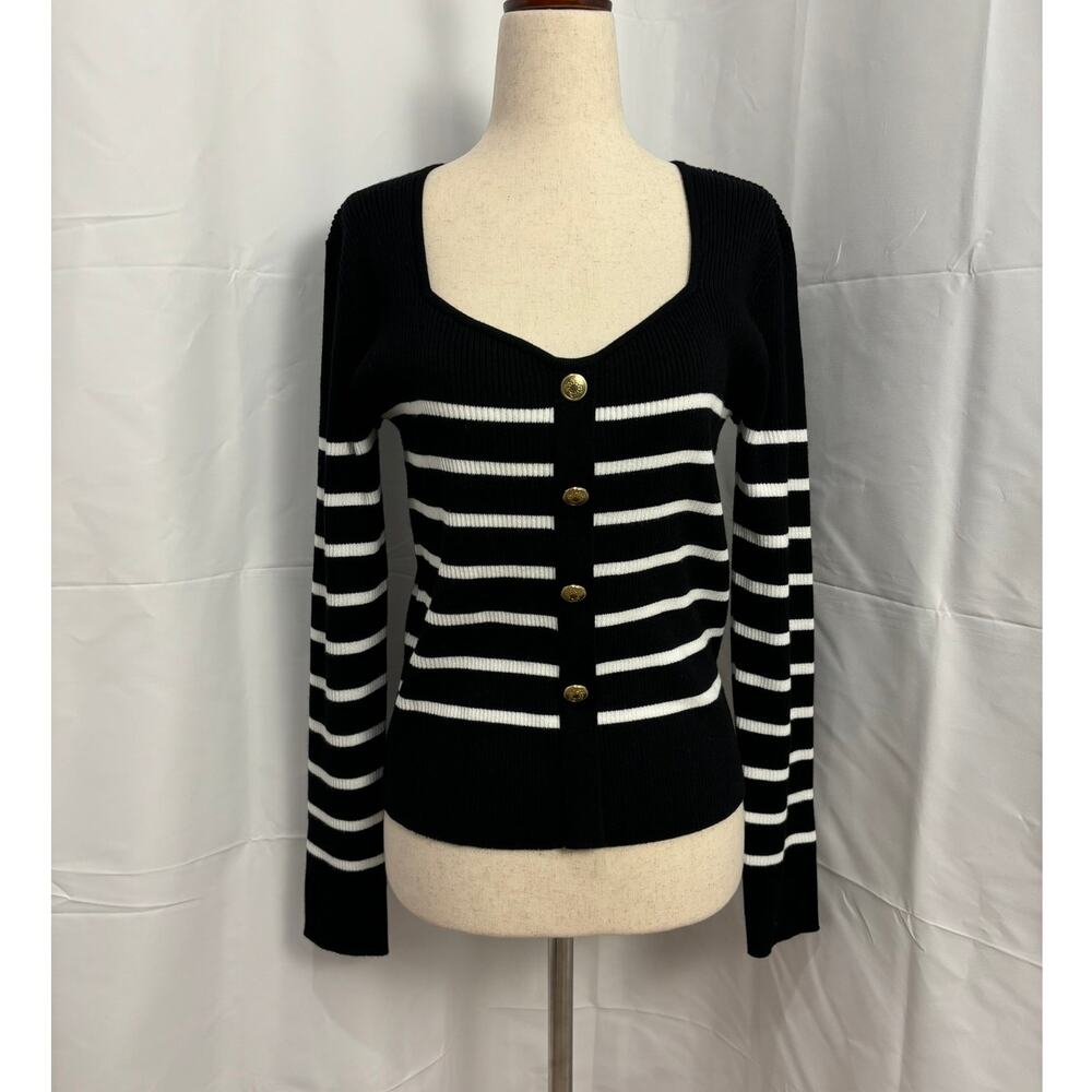 NWOT Tahari Black and White Strip Sweetheart Neck Sweater